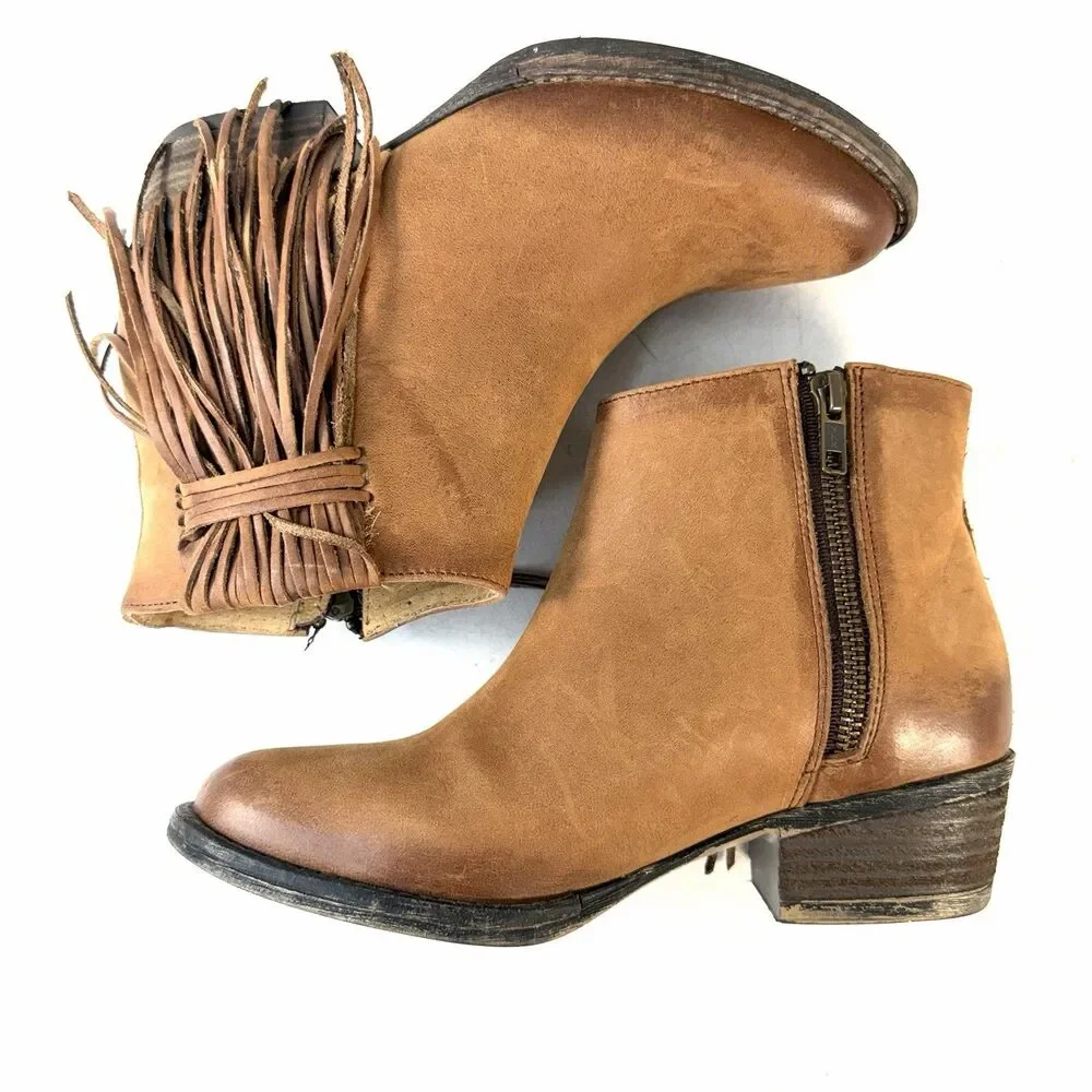 Womens Circle G Brown Leather Side Fringe Shortie Ankle Boots Size 6.5 M Zip